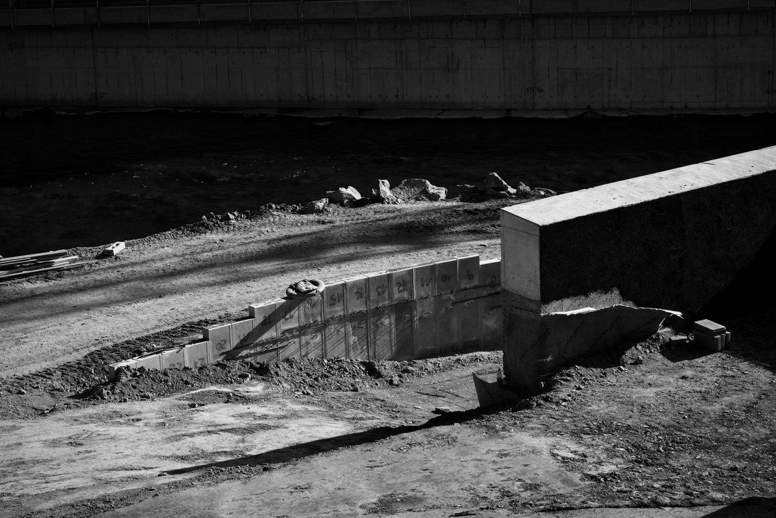 Black-and-white urban construction scene